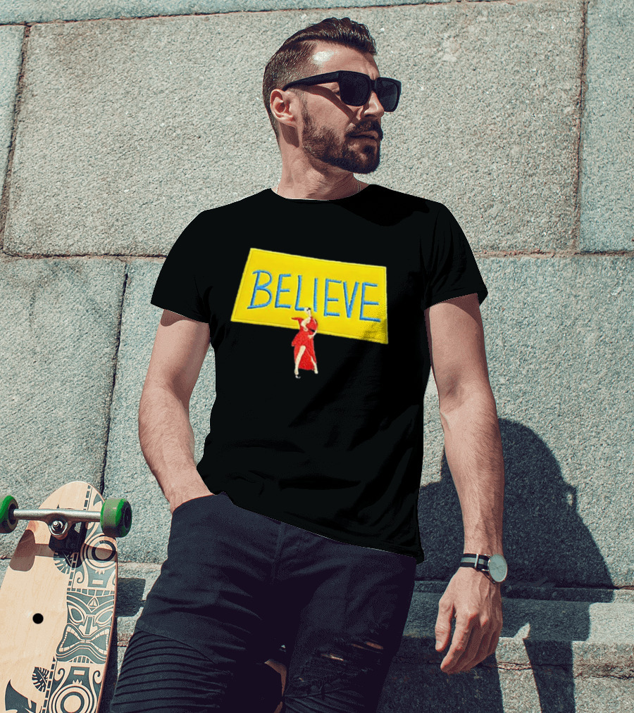Hannah Waddingham Believe Yellow Sign With Red Dress T-Shirt