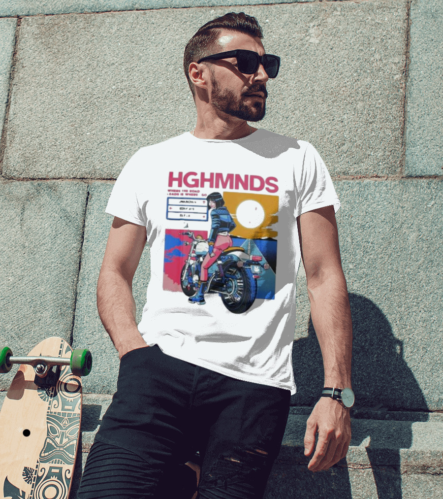 Hghmnds Where The Road Leads Is Where I Go Unknown Educate Elevate Biker Anime Style Moon Sun Desert Journey T-Shirt