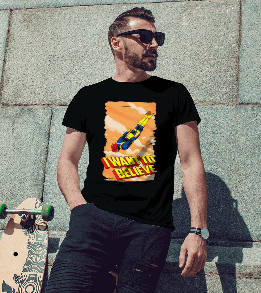 I Want To Believe Superheroes Retro Flying Hero In Yellow And Blue Suit T-Shirt