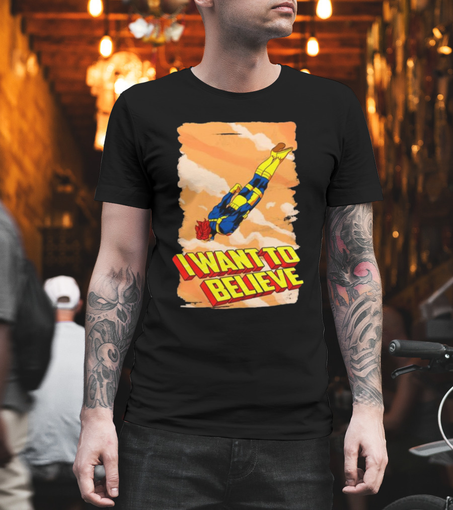 I Want To Believe Superheroes Retro Flying Hero in Yellow and Blue Suit T-Shirt