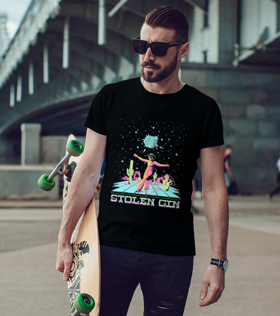 Stolen Gin Disco Cowgirl Dance Under Starry Night Desert Scene T-Shirt