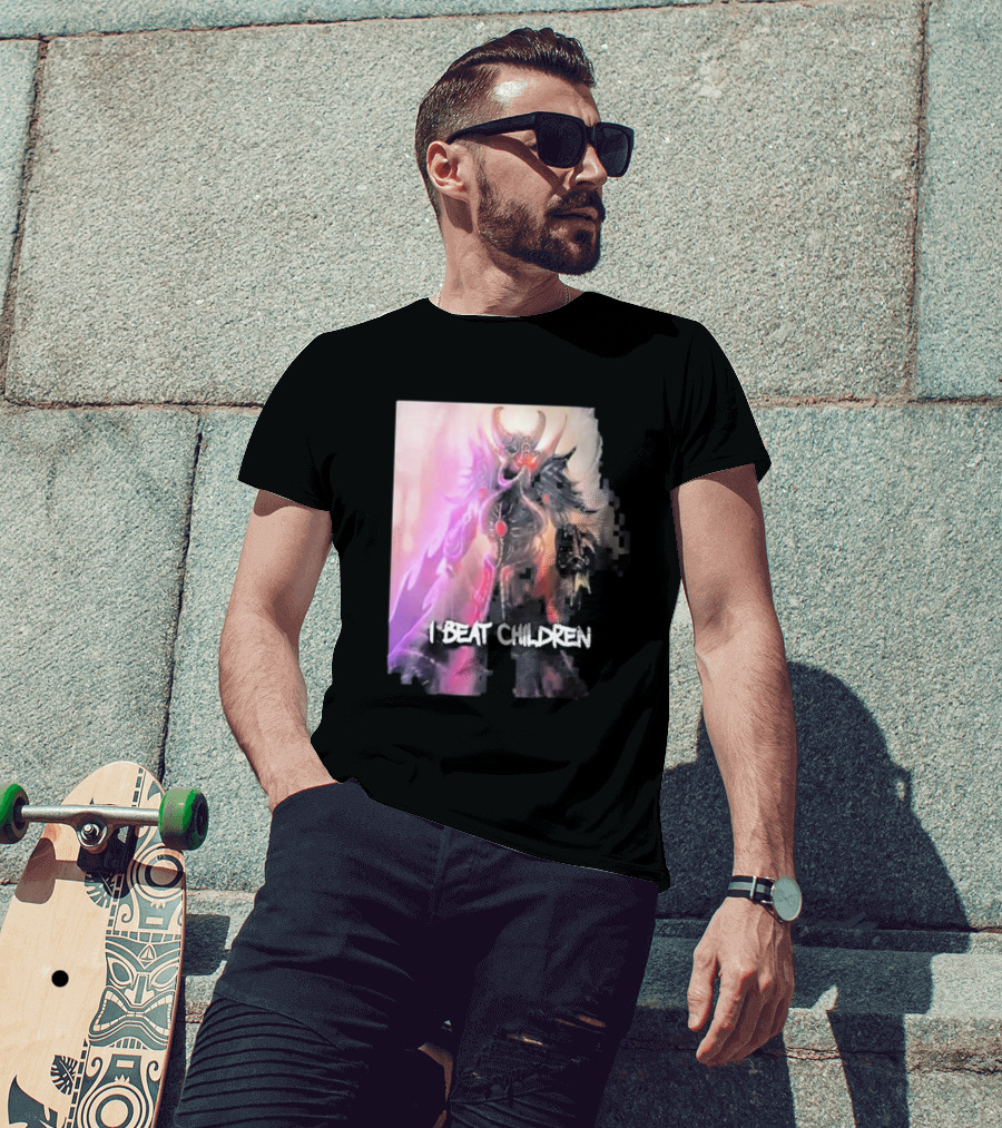 Kassadin I Beat Children Text Featuring Dark Mysterious Armored Character With Glowing Accents T-Shirt