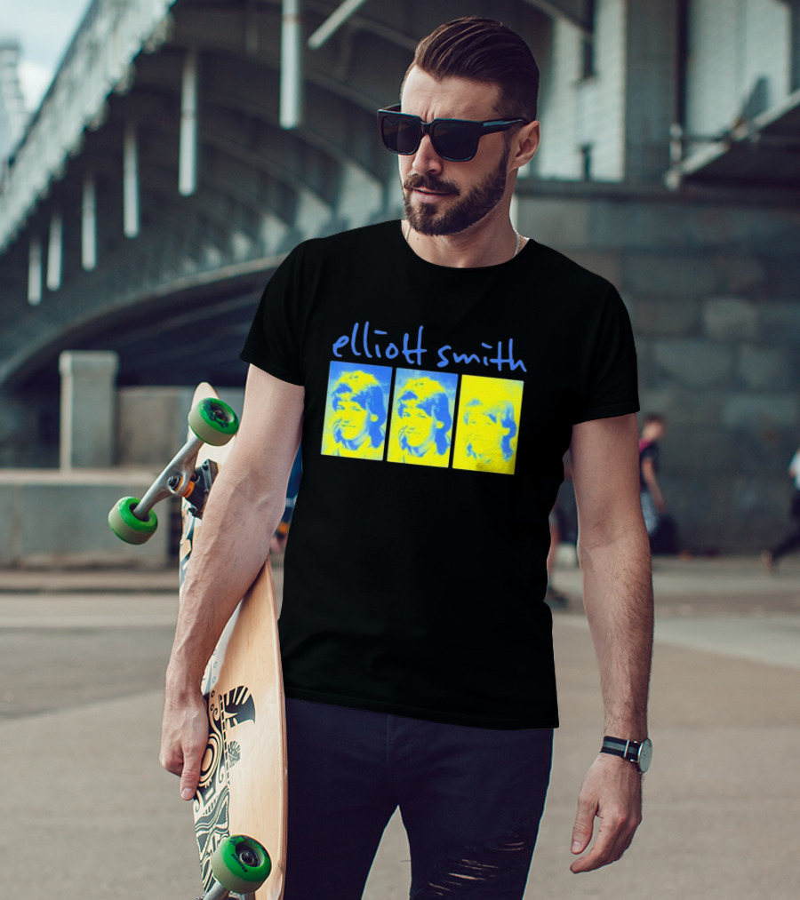 Elliott Smith Triple Portrait Blue Yellow Panels T-Shirt