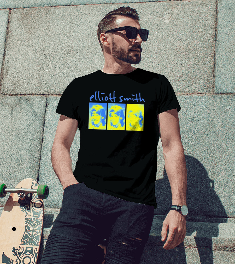 Elliott Smith Triple Portrait Blue Yellow Panels T-Shirt