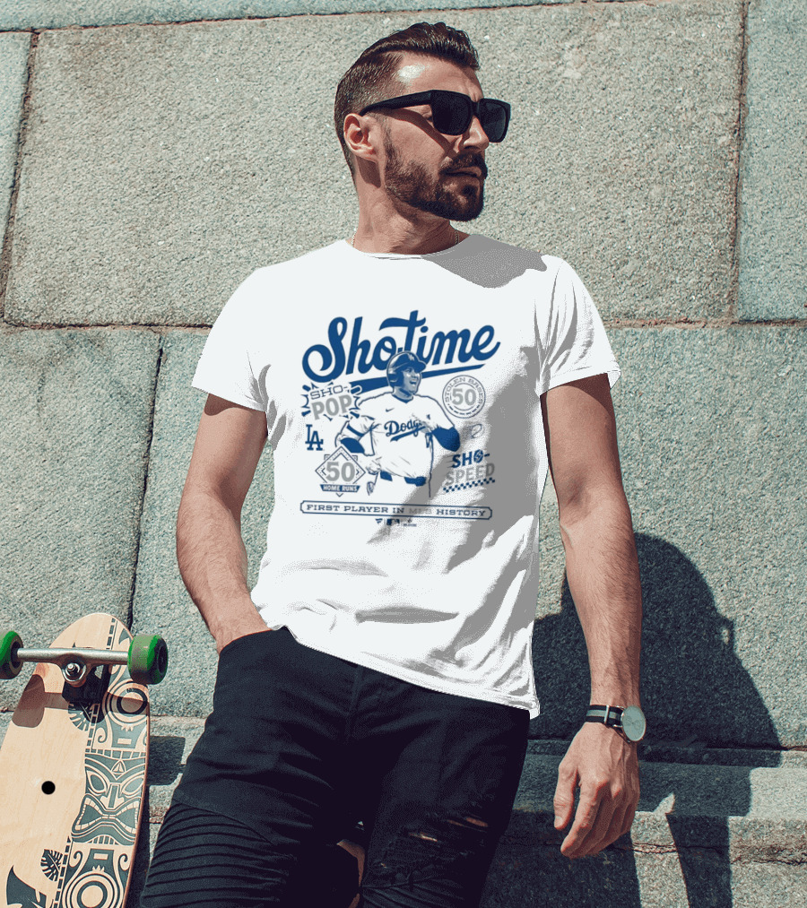 LA Dodgers Shohei Ohtani Showtime First Player In MLB History 50-50 Club T-Shirt