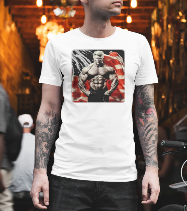 Buff Muscle Donald Trump American Flag Background T-Shirt Buff Muscle Donald Trump American Flag Background T-Shirt