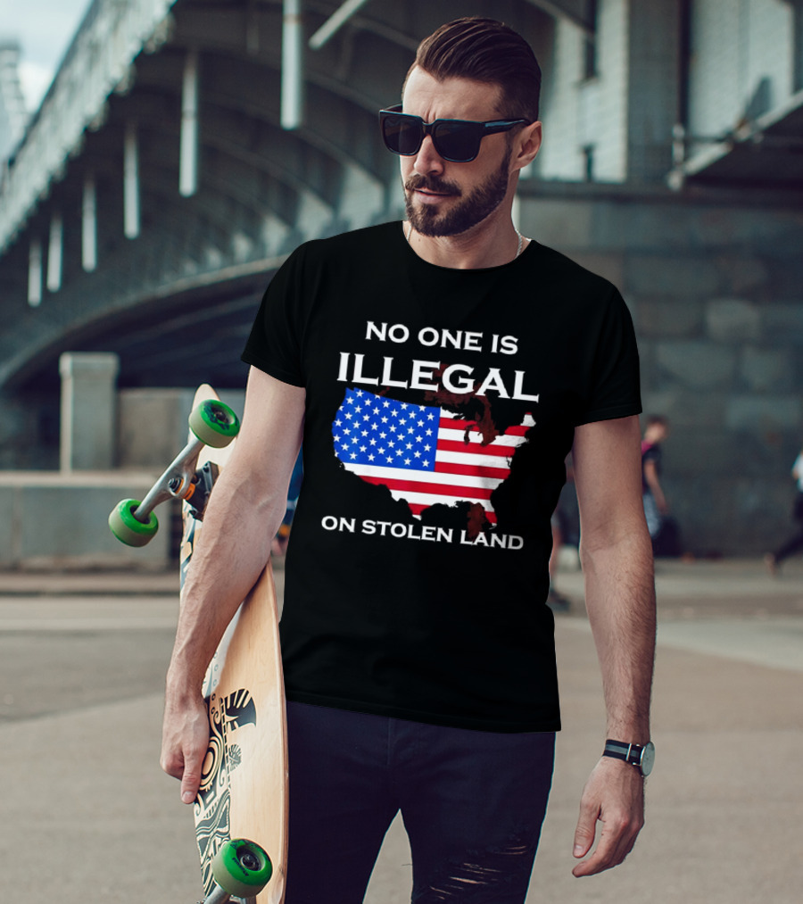 No One Is Illegal On Stolen Land America With United States Flag Map T-Shirt