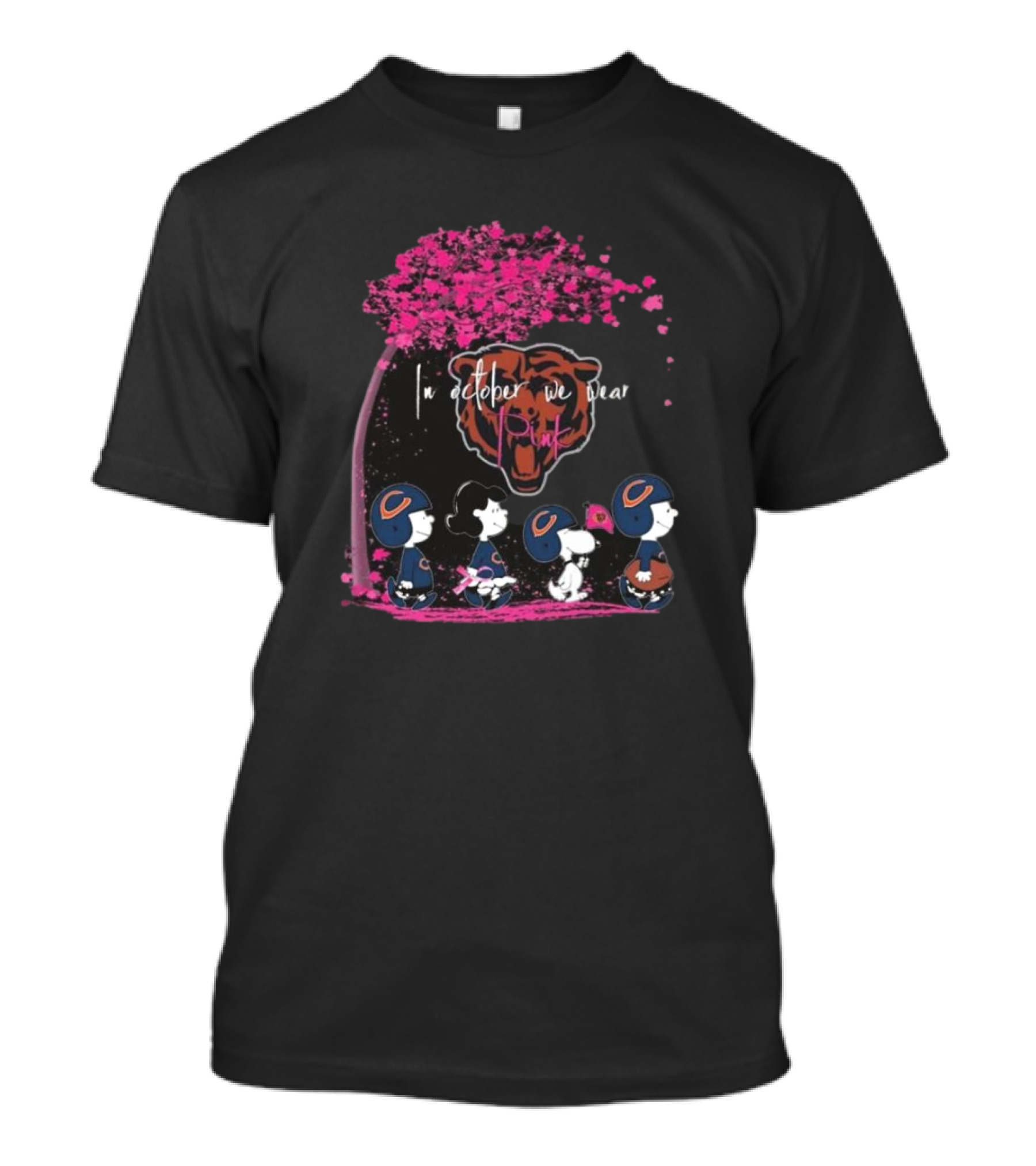 Peanuts Characters Chicago Bears In October We Wear Pink T-Shirt