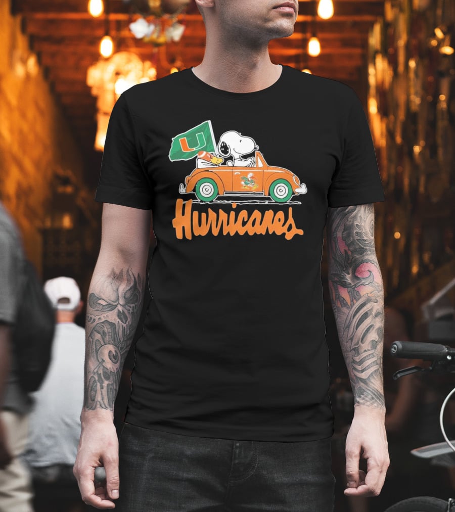 Peanuts Snoopy Woodstock Miami Hurricanes Car Driving With Flag T-Shirt