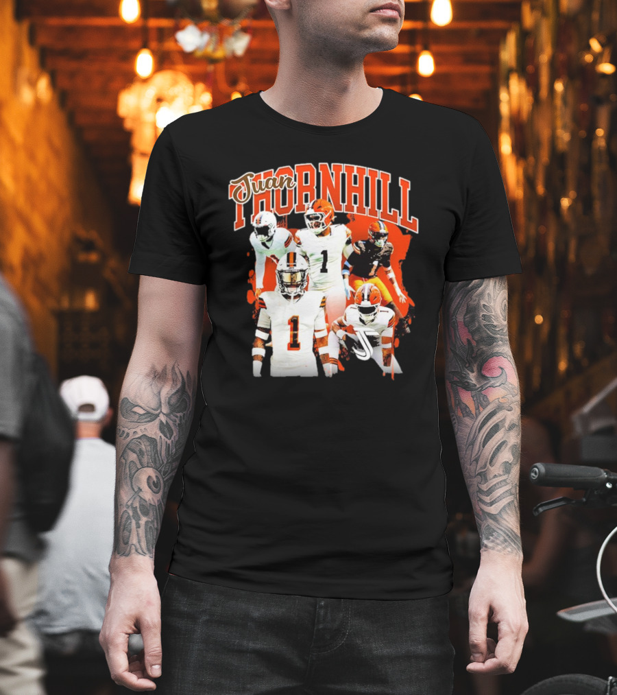 Juan Thornhill Football Player Orange and Black Action Collage T-Shirt