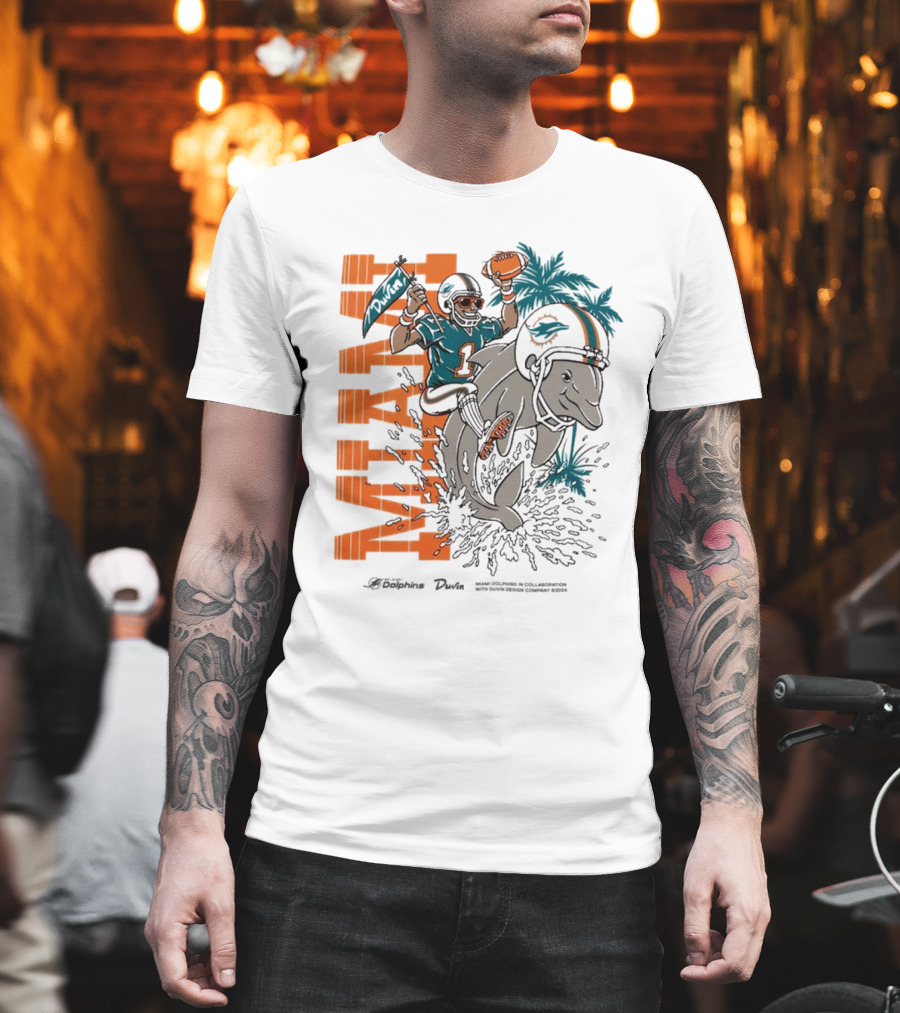 Duvin x Miami Dolphins Miami Flippin' Time with Dolphins Football and Palm Trees T-Shirt