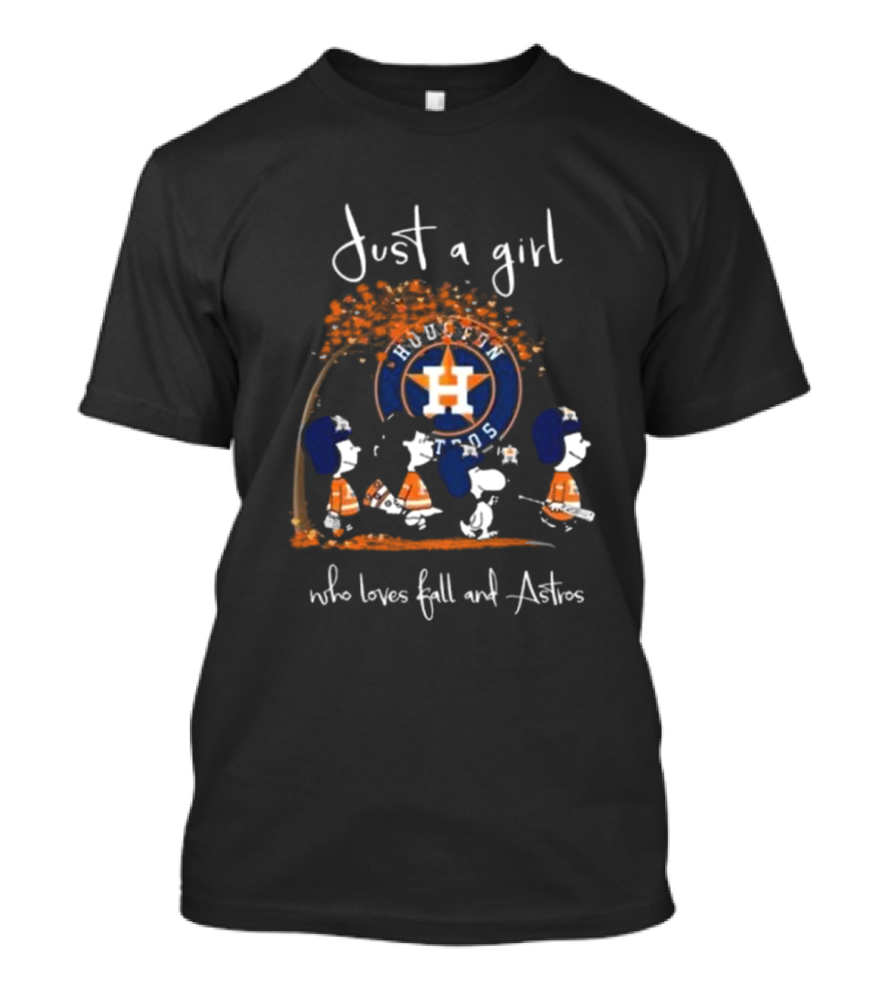 Just A Girl Who Loves Fall And Houston Astros With Peanuts Characters T-Shirt