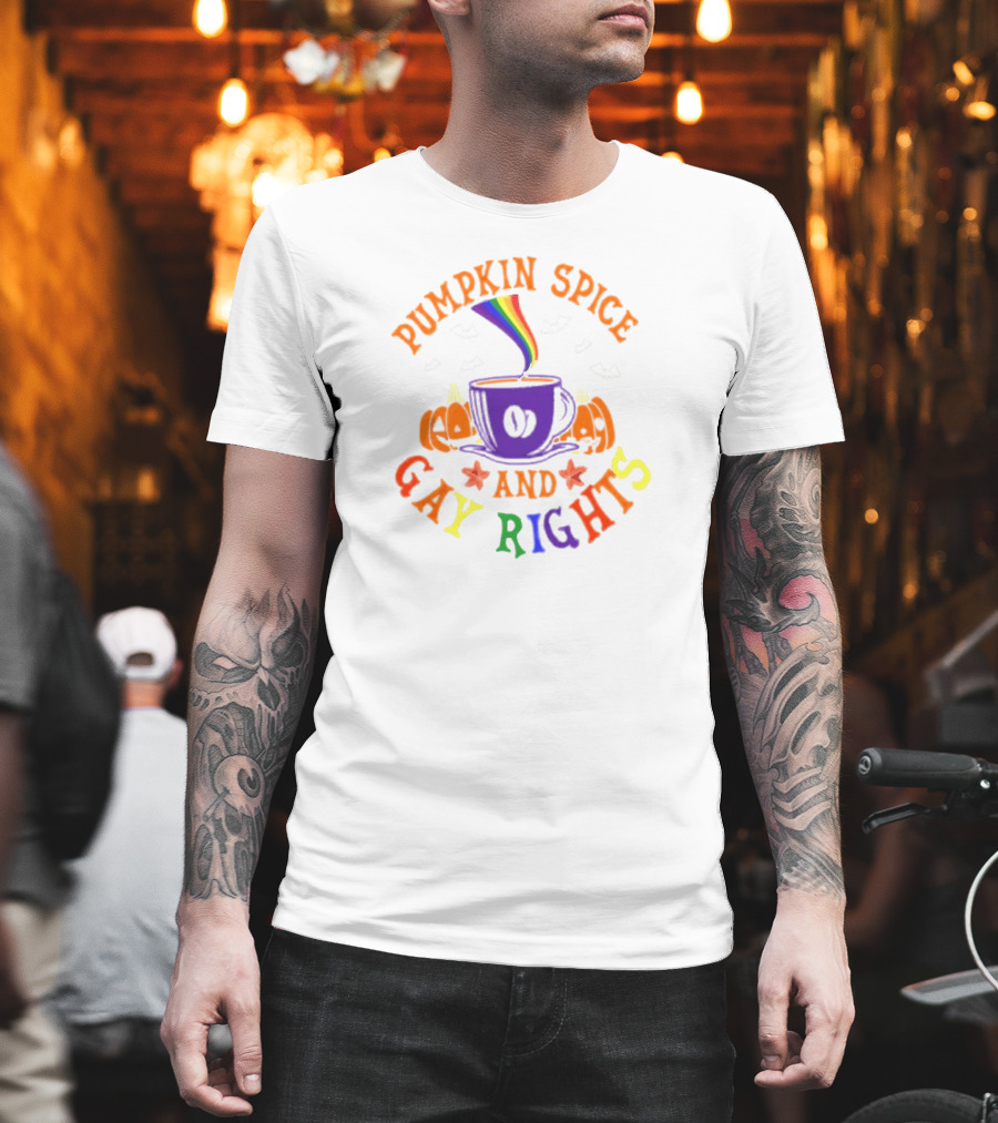 Pumpkin Spice and Gay Rights Rainbow Coffee Cup with Pumpkins and Bats T-Shirt