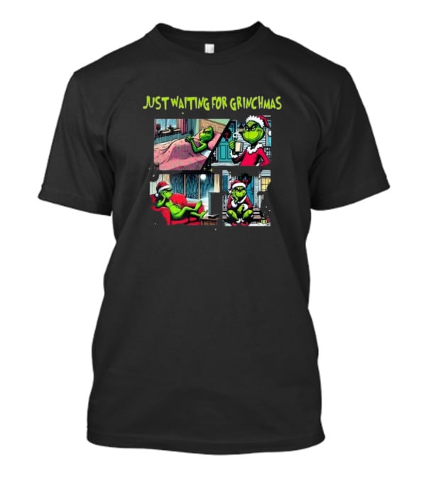Just Waiting For Grinchmas Santa Grinch Cartoon Panels T-Shirt
