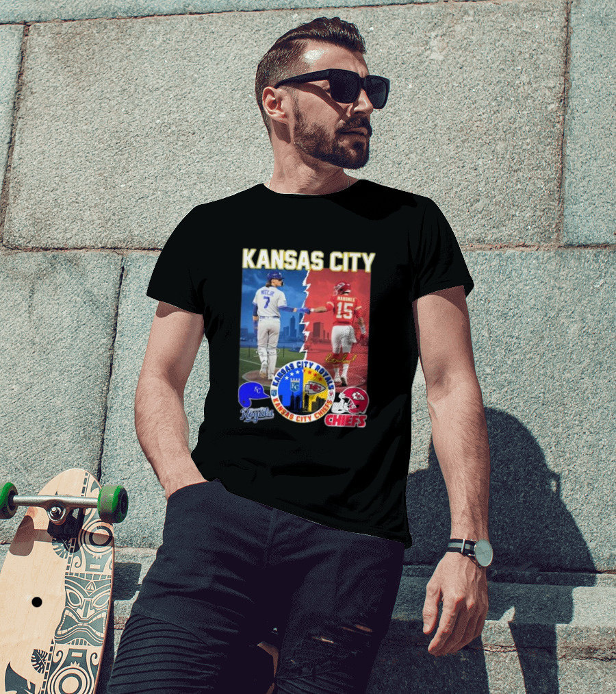 Kansas City Royals Bobby Witt Jr And Chiefs Patrick Mahomes Skyline Logos And Signatures T-Shirt