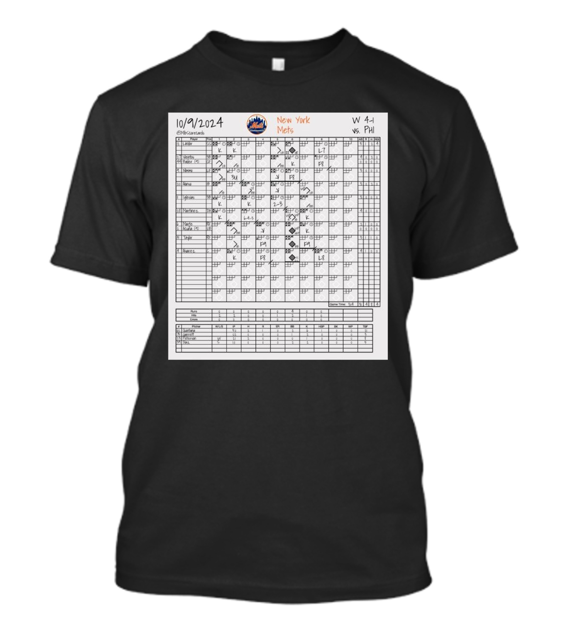 David Peterson New York Mets MLB Scorecards 10/09/2024 W 4-1 Vs PHI T-Shirt