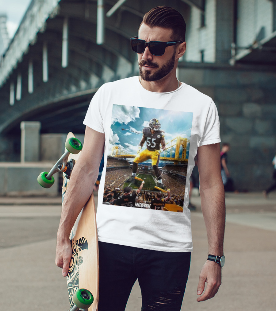 Thachermac Pittsburgh Steelers 55 Player In Stadium With Signature And Bridge Background T-Shirt