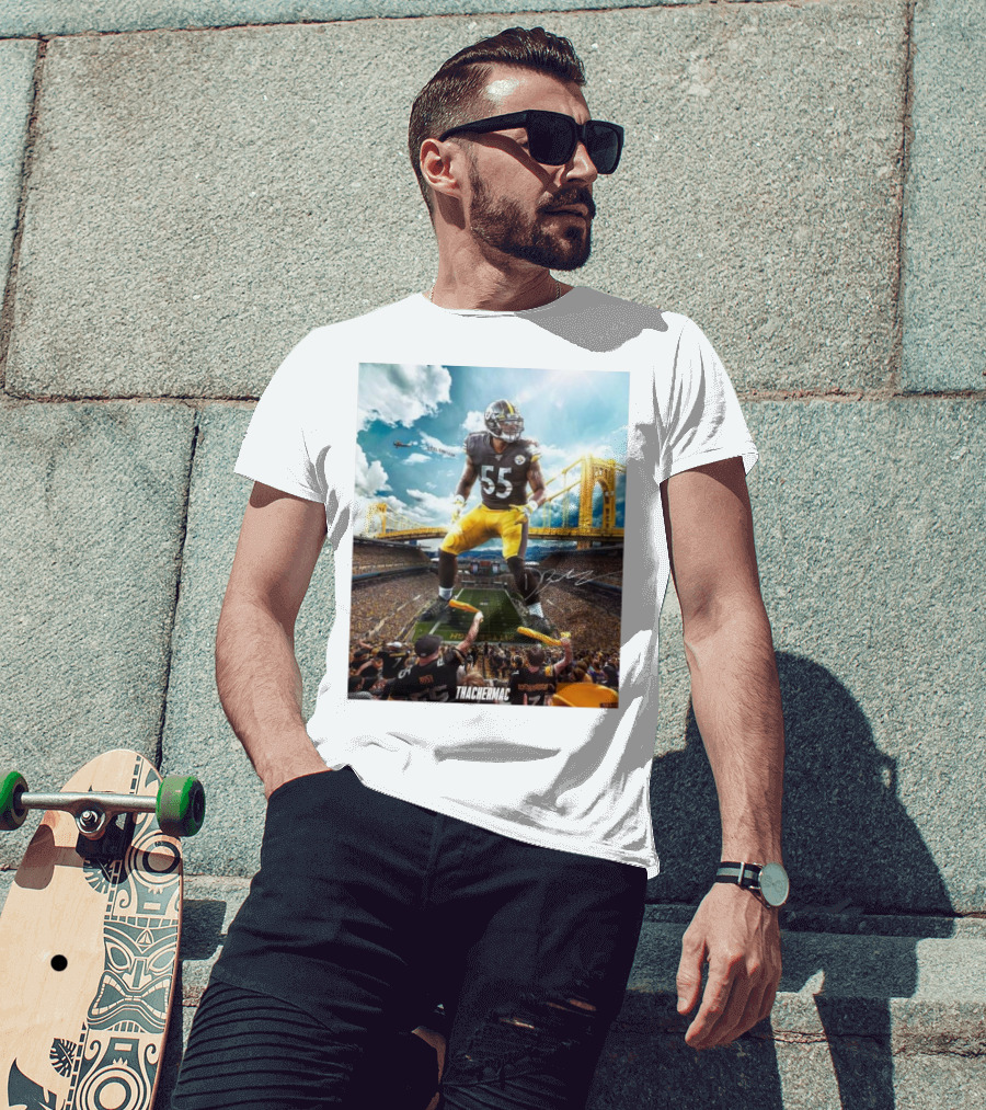 Thachermac Pittsburgh Steelers 55 Player In Stadium With Signature And Bridge Background T-Shirt