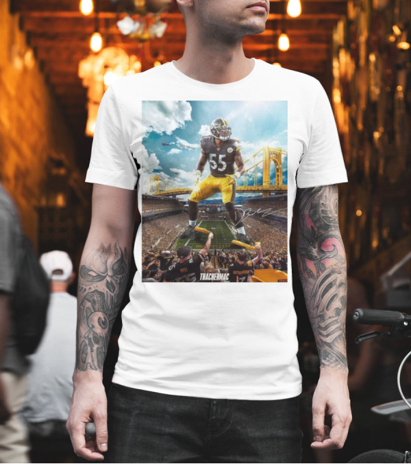 Thachermac Pittsburgh Steelers 55 Player in Stadium with Signature and Bridge Background T-Shirt Thachermac Pittsburgh Steelers 55 Player in Stadium with Signature and Bridge Background T-Shirt