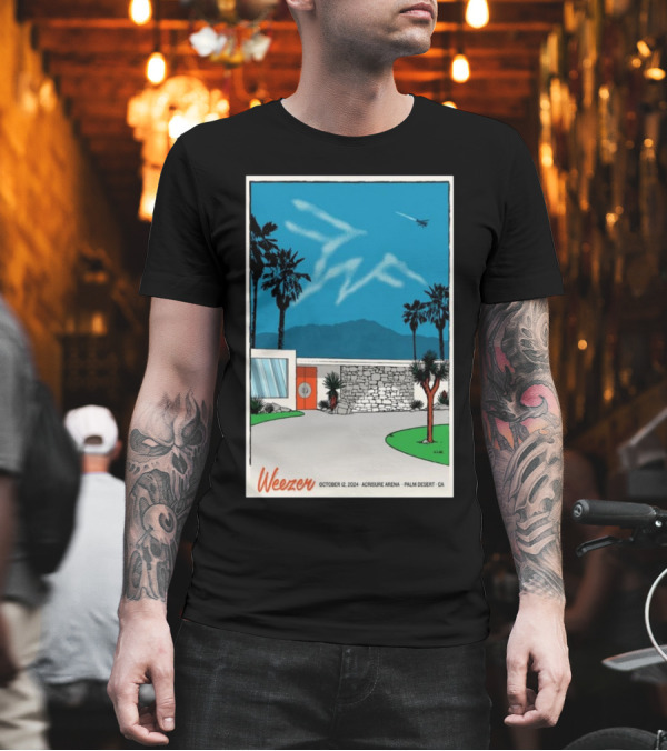Weezer October 12 2024 Acrisure Arena Palm Desert CA Scenic Illustration with Palm Trees and Airplane in Blue Sky T-Shirt Weezer October 12 2024 Acrisure Arena Palm Desert CA Scenic Illustration with Palm Trees and Airplane in Blue Sky T-Shirt