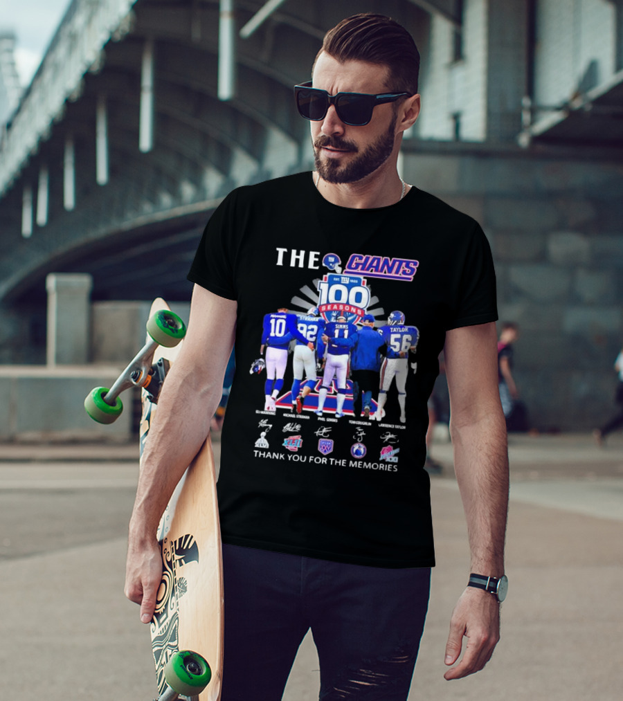THE GIANTS 100 SEASONS Eli Manning Michael Strahan Phil Simms Tom Coughlin Lawrence Taylor Thank You For The Memories T-Shirt