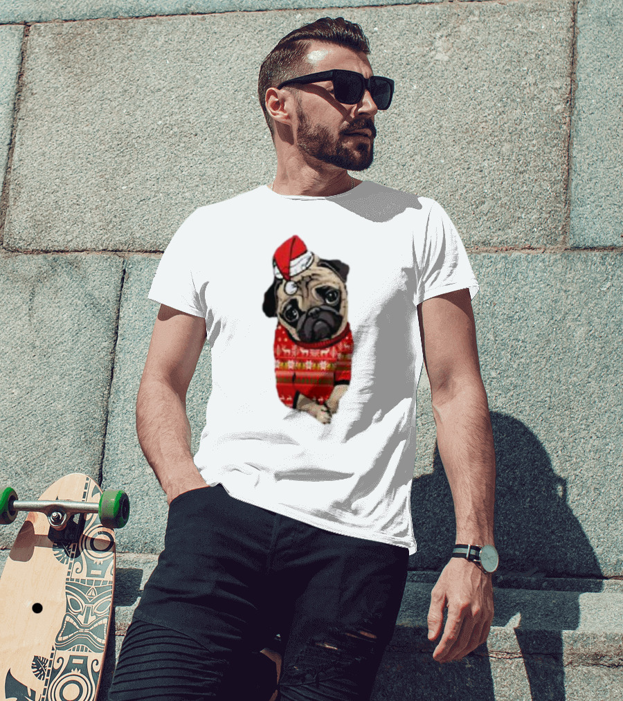 Lovely Pug Christmas Sweater Santa Hat Holiday T-Shirt