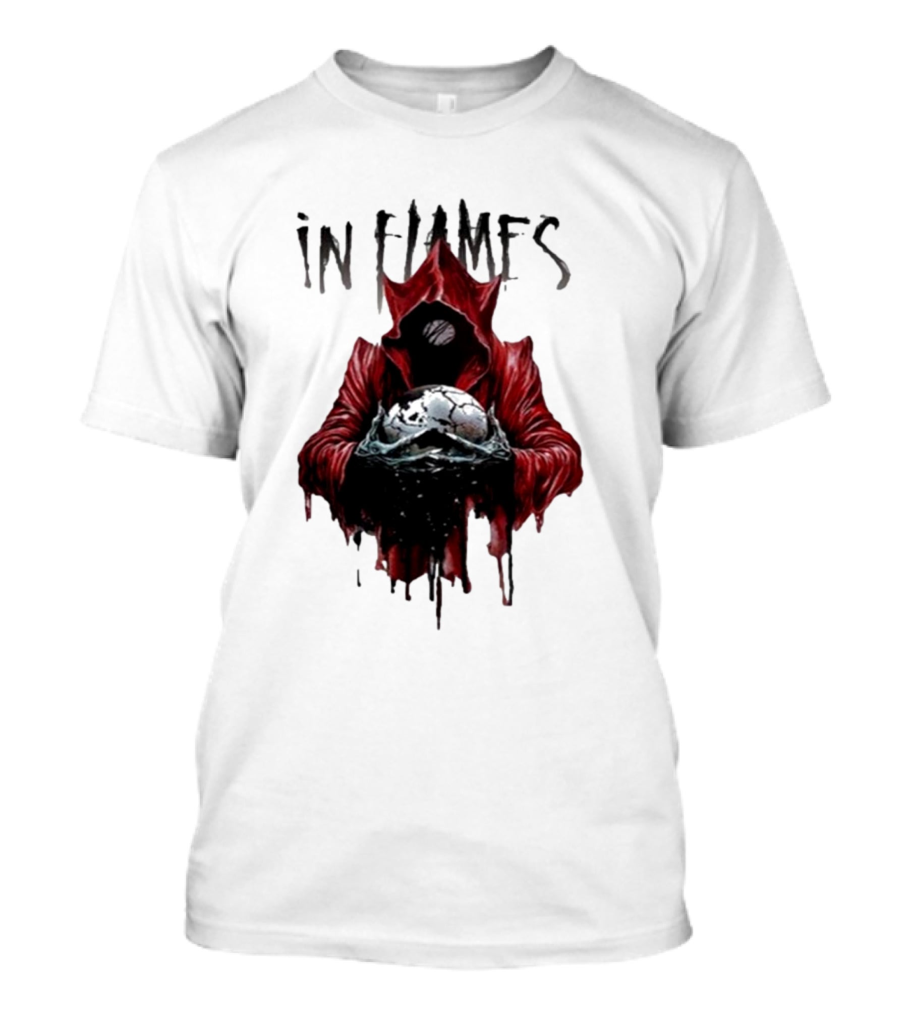 In Flames Siren Charms Red Hooded Figure Holding Cracked Mask T-Shirt