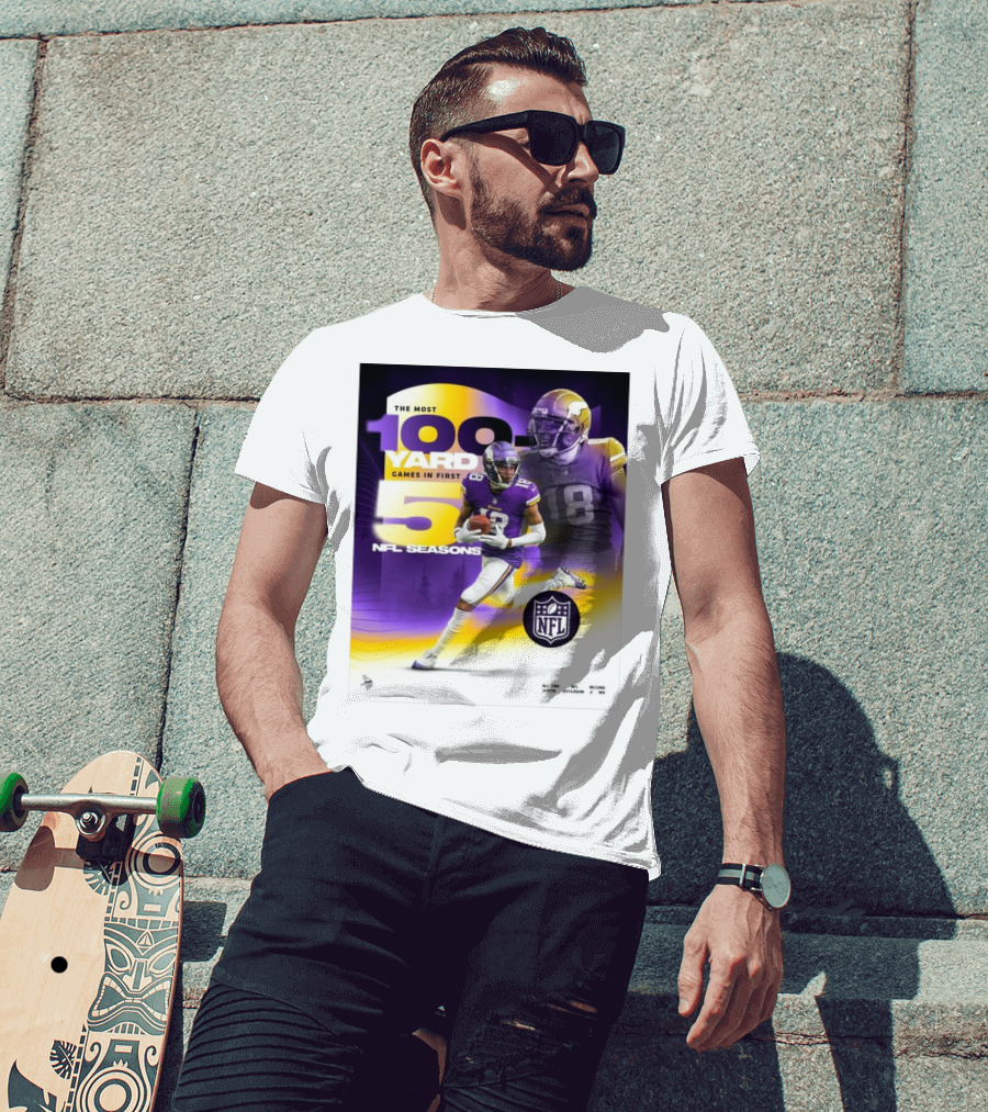 The Most 100 Yard Games In First 5 NFL Seasons Minnesota Vikings Justin Jefferson T-Shirt