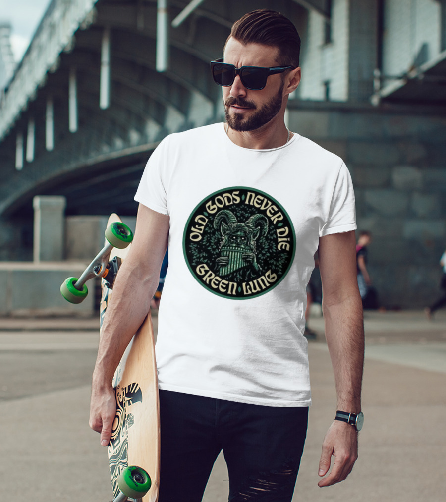 Green Lung Old Gods Never Die Pagan Horned Creature Playing Pan Flute T-Shirt