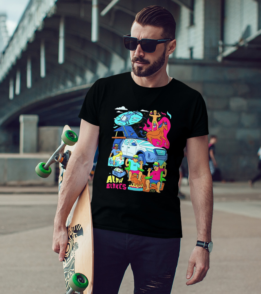 Alpha Blokes Podcast Cartoon Adventure Helicopter Beer Camping Fire T-Shirt