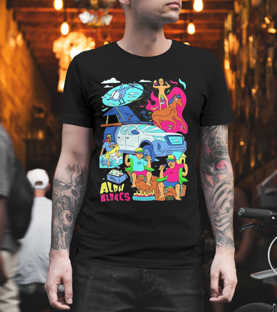 Alpha Blokes Podcast Cartoon Adventure Helicopter Beer Camping Fire T-Shirt