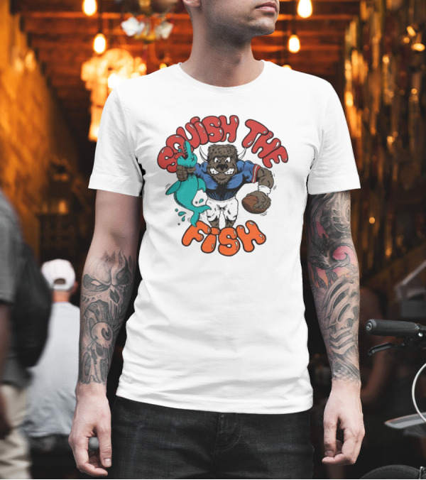 Buffalo Bills NFL Squish the Fish Vintage Rivalry Graphic Featuring Cartoon Football Player and Fish T-Shirt Buffalo Bills NFL Squish the Fish Vintage Rivalry Graphic Featuring Cartoon Football Player and Fish T-Shirt