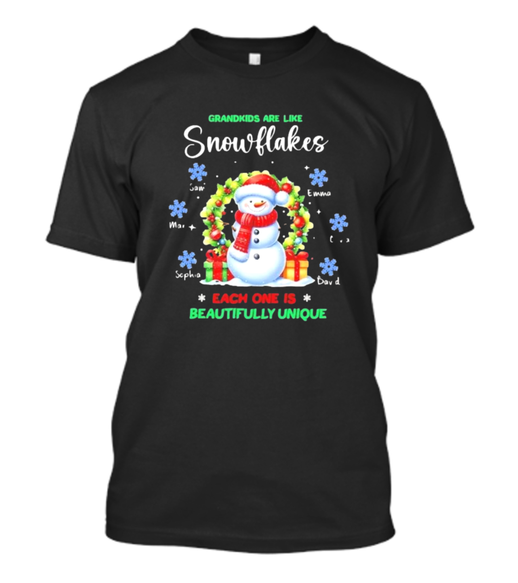 Grandkids Are Like Snowflakes Each One Is Beautifully Unique Christmas Personalized Names Snowman Wreath T-Shirt