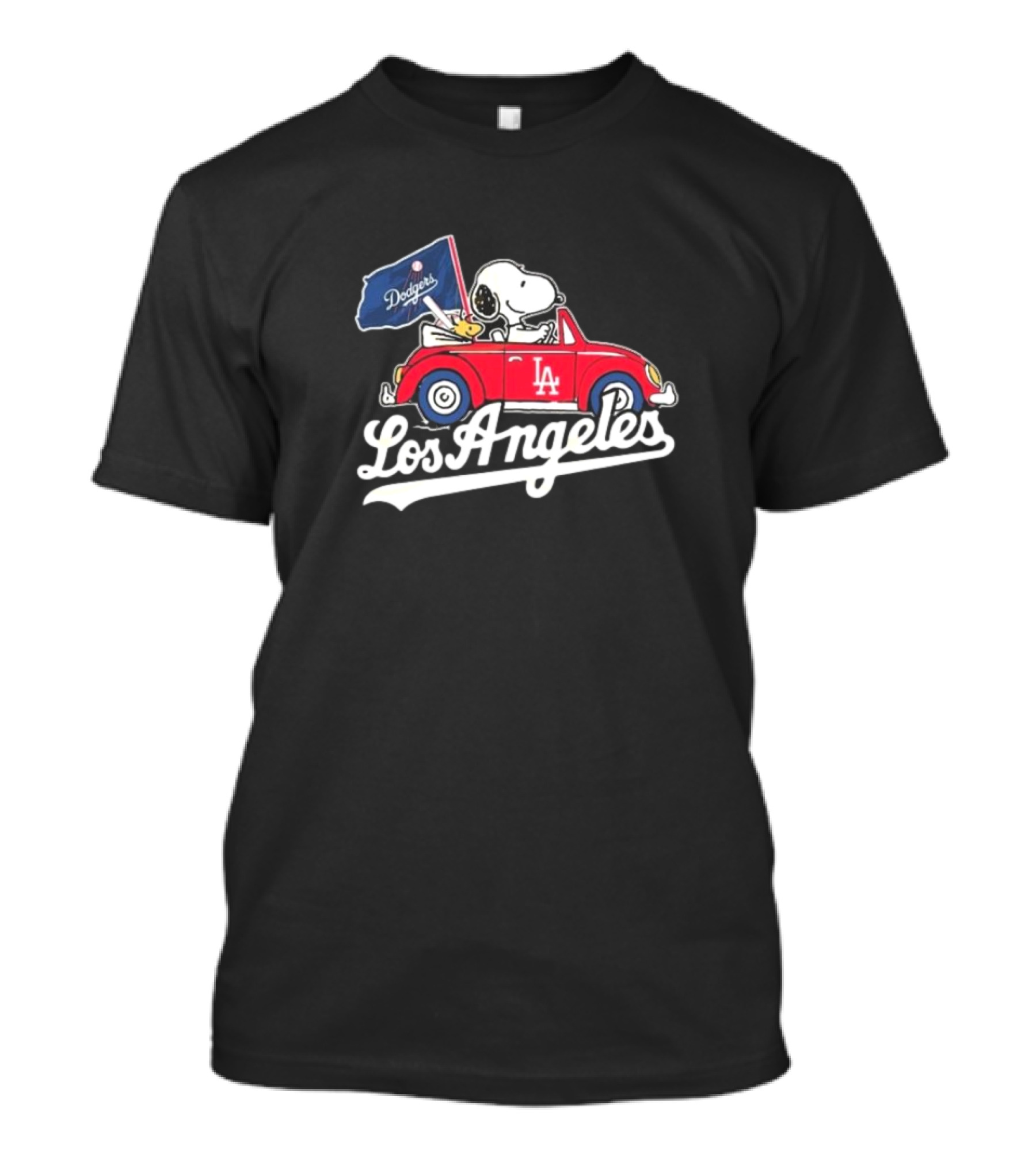 Snoopy Woodstock Driving Car Los Angeles Dodgers Flag T-Shirt