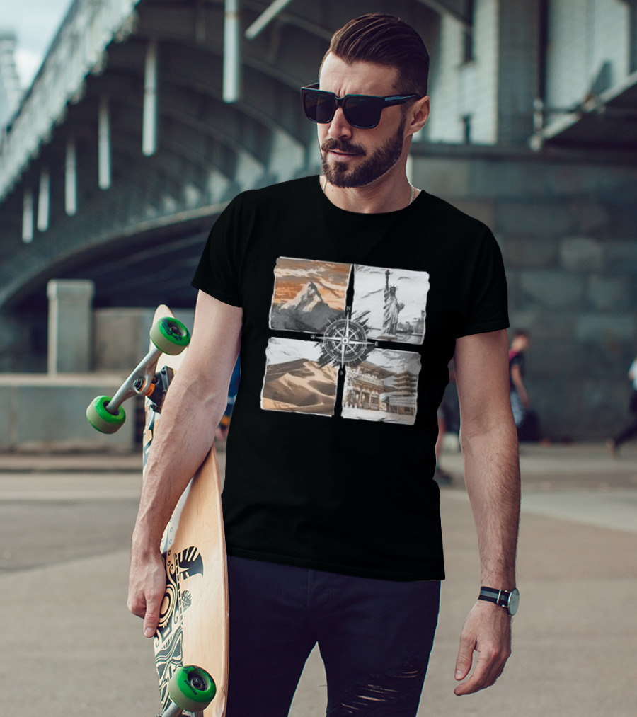 Dads Being Dudes Live Your Life Vintage Mountain Dunes Statue Of Liberty Pagoda Compass T-Shirt