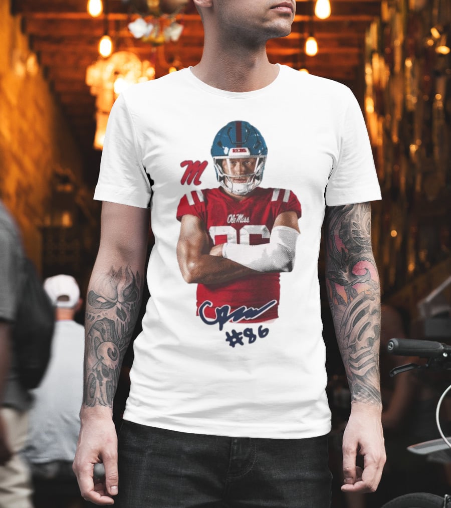 Caden Prieskorn Ole Miss Rebels #86 Signature Portrait M T-Shirt