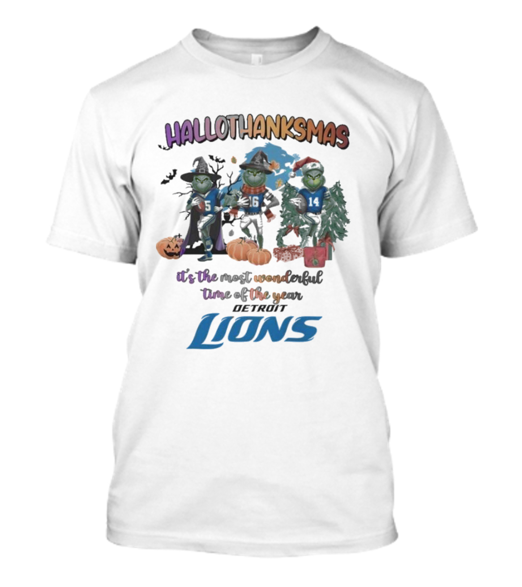 Detroit Lions Hallothanksmas Grinch It's The Most Wonderful Time Of The Year T-Shirt