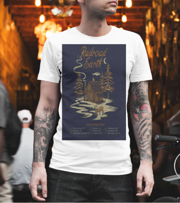 Railroad Earth Winter Tour 2025 Cabin and Deer Scenic Illustration with Tour Dates and Locations T-Shirt Railroad Earth Winter Tour 2025 Cabin and Deer Scenic Illustration with Tour Dates and Locations T-Shirt
