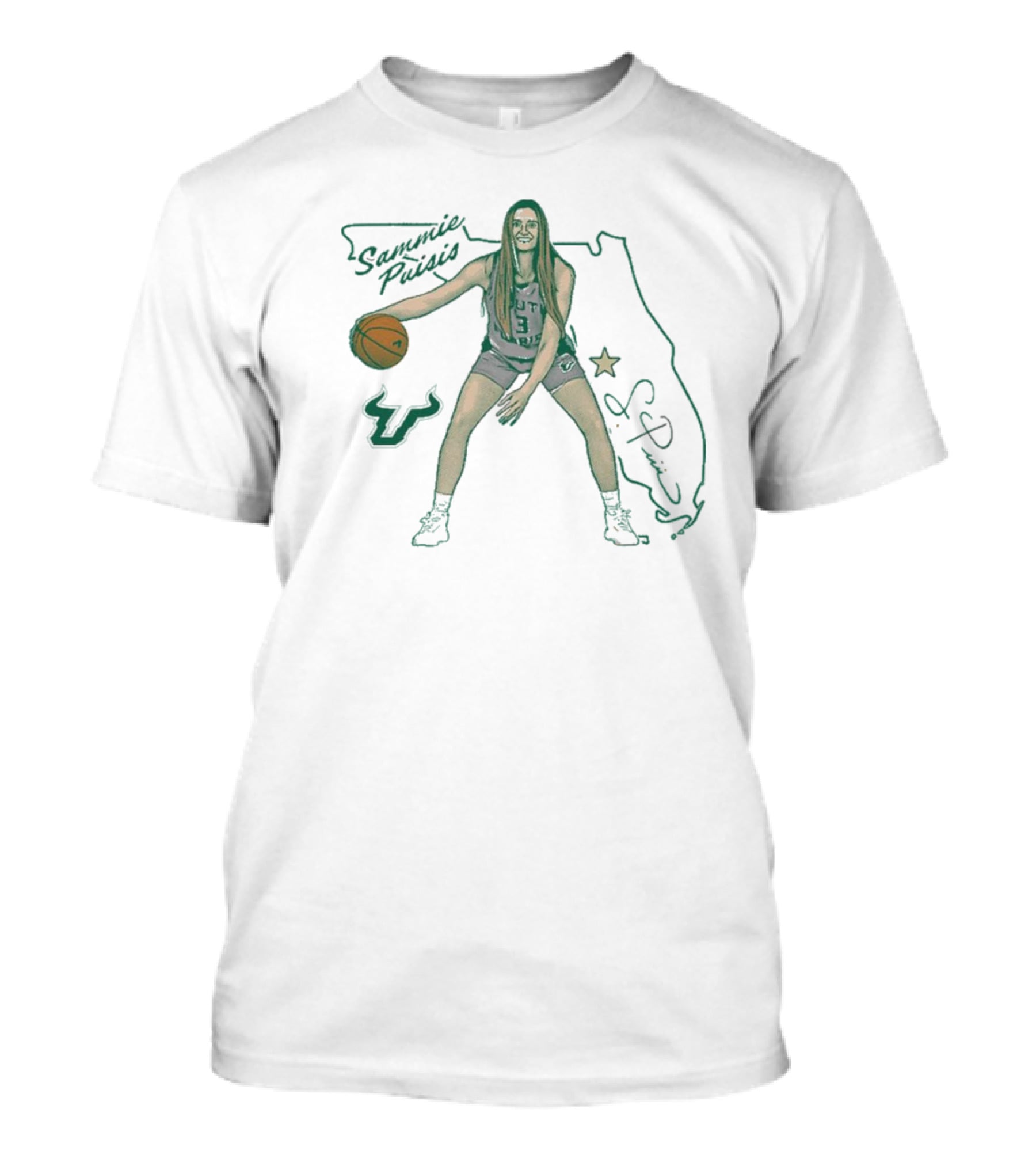 Sammie Puisis South Florida Bulls Basketball Cartoon Signature Florida Map Star T-Shirt