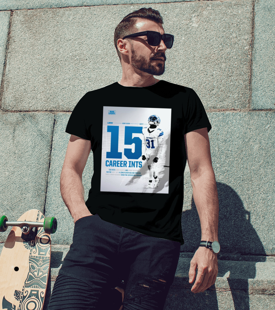 Detroit Lions Kerby Joseph 15 Career INTs Tied With James Hunter And Bobby Watkins Most INTs Since 1970 AFL-NFL Merger T-Shirt