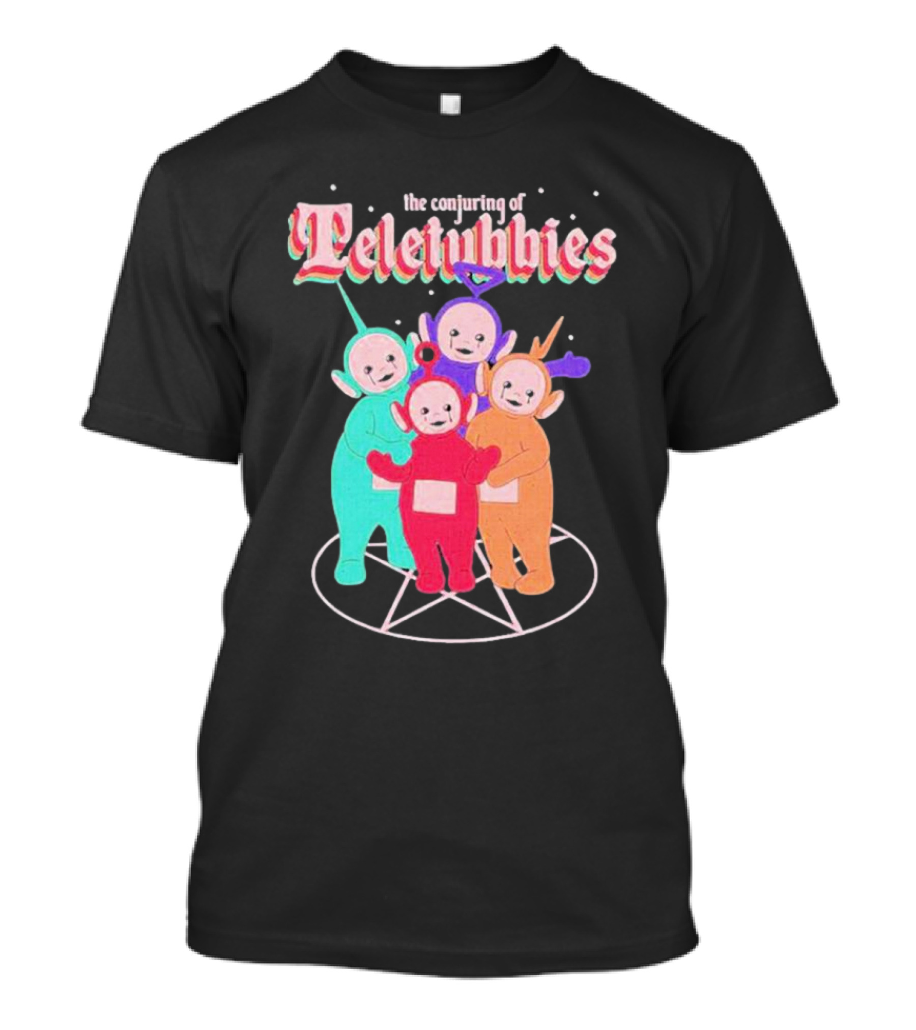 The Conjuring Of Teletubbies On Pentagram Background T-Shirt