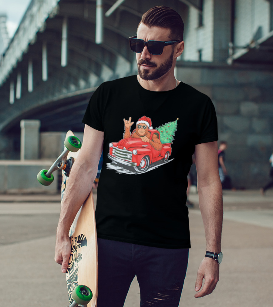 Bigfoot Rock On Santa Hat Christmas Tree Driving Red Truck T-Shirt