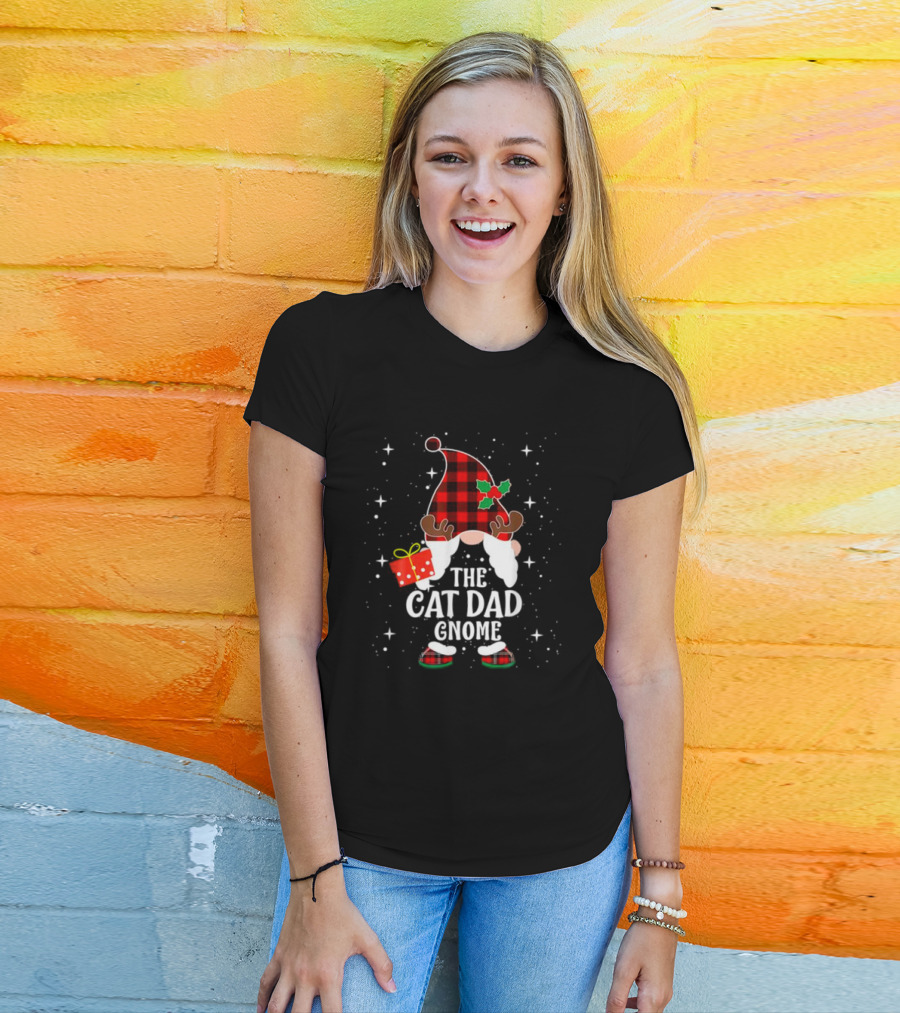 The Cat Dad Gnome Buffalo Plaid Christmas Pajama Matching Family T-Shirt