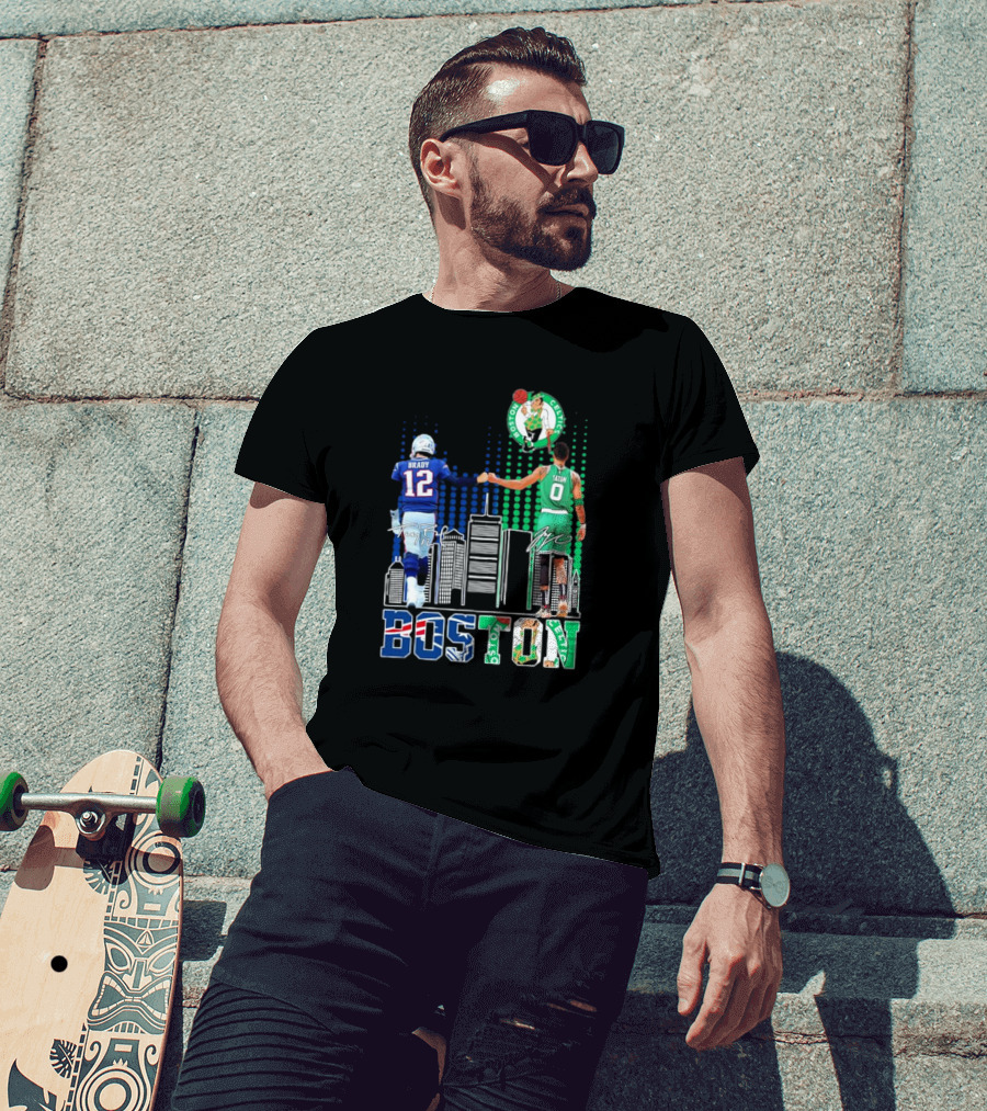 Boston Patriots And Celtics Skyline Featuring Tom Brady And Jayson Tatum Signatures T-Shirt