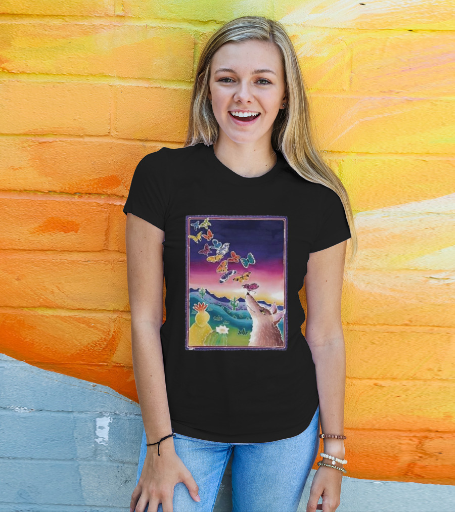 Jimmorris Smiles At Nature’s Wonders Colorful Desert Landscape With Coyote And Butterflies T-Shirt