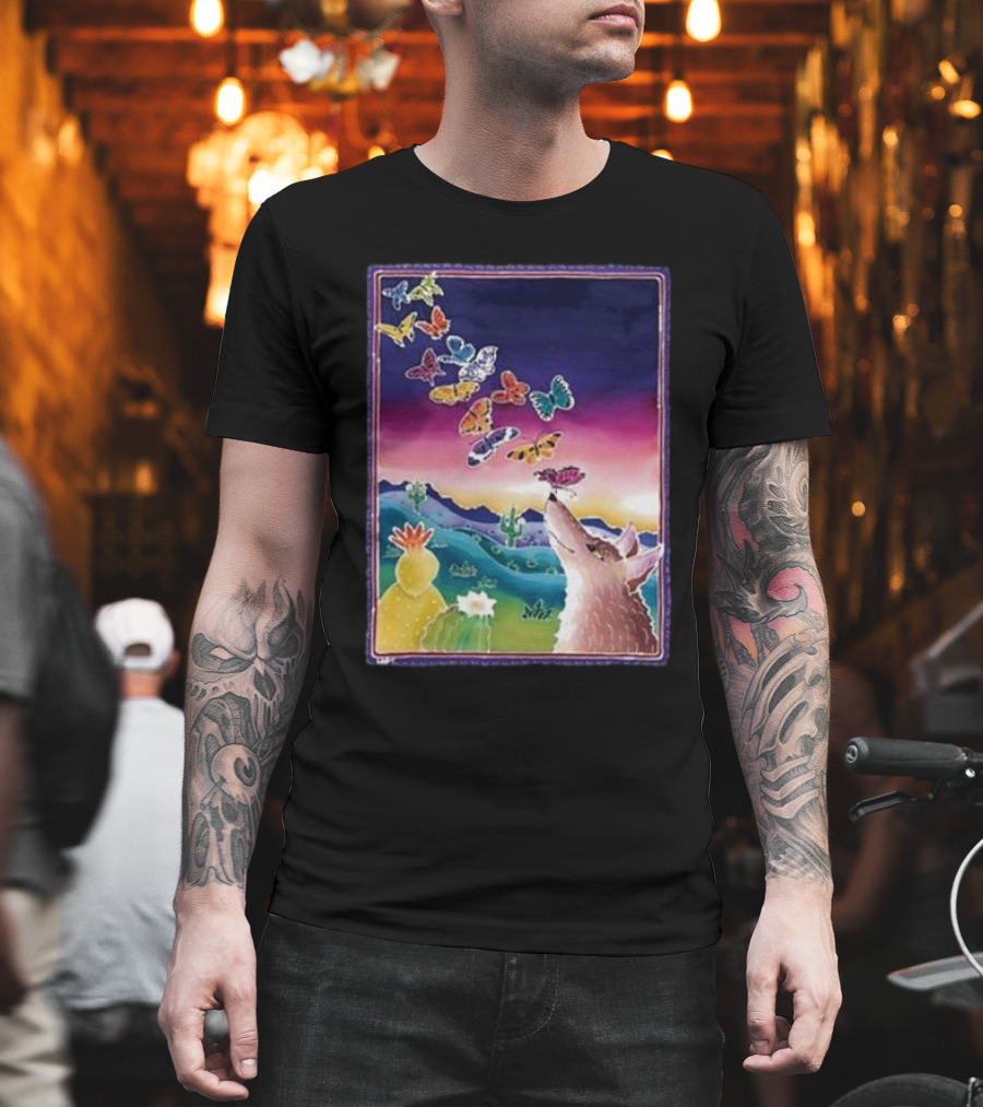 Jimmorris Smiles At Nature’s Wonders Colorful Desert Landscape With Coyote and Butterflies T-Shirt
