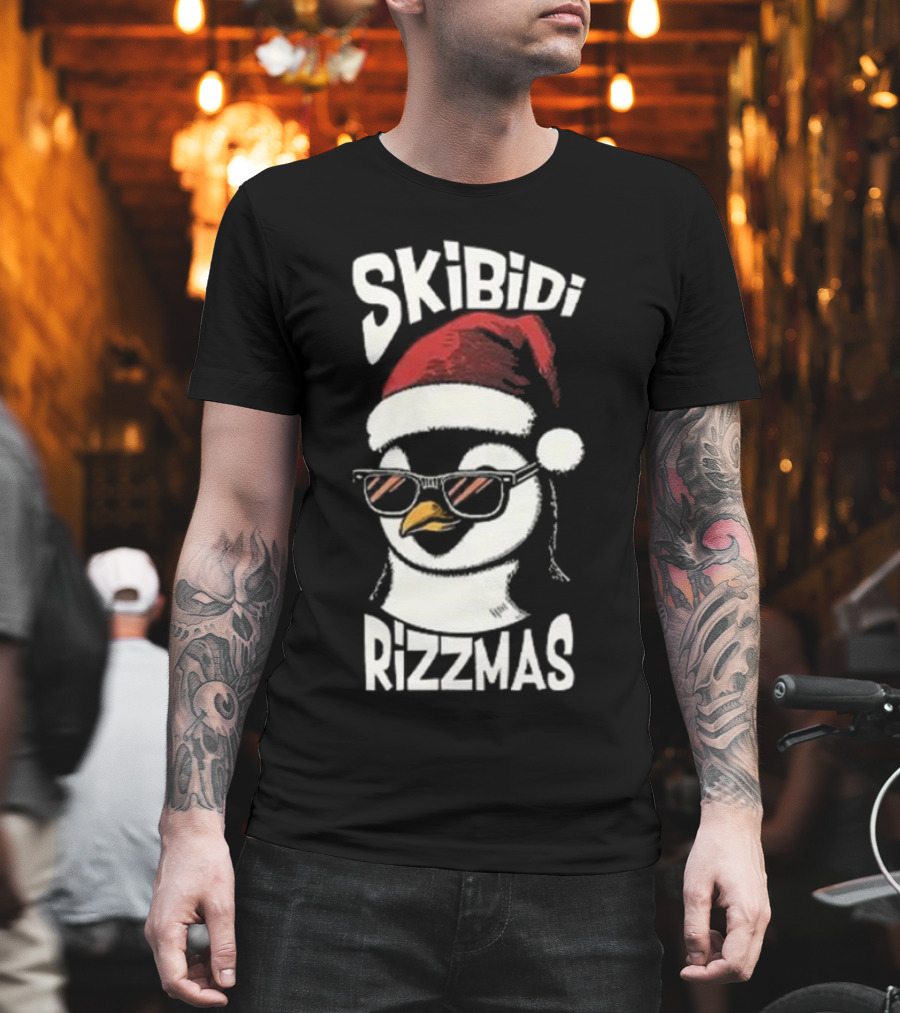 Skibidi Rizzmas Christmas Penguin With Santa Hat And Sunglasses T-Shirt