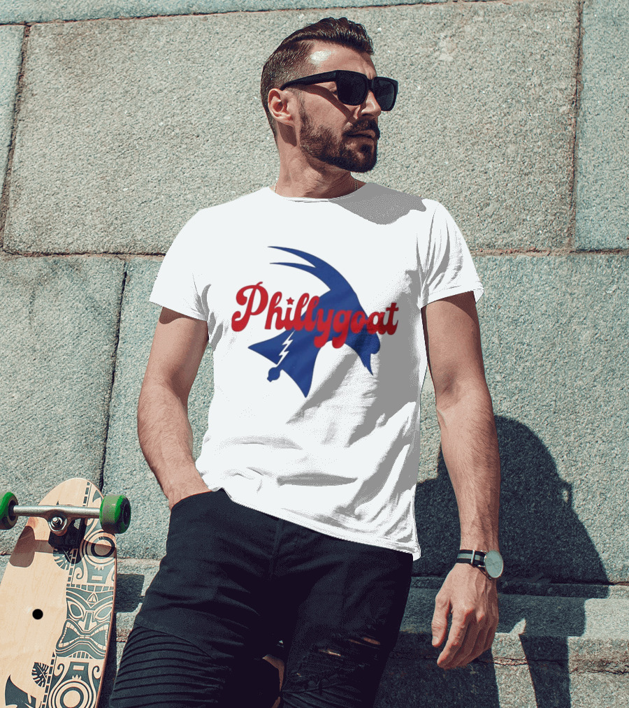 Phillygoat Red Script With Blue Goat And Lightning Bolt Elements T-Shirt