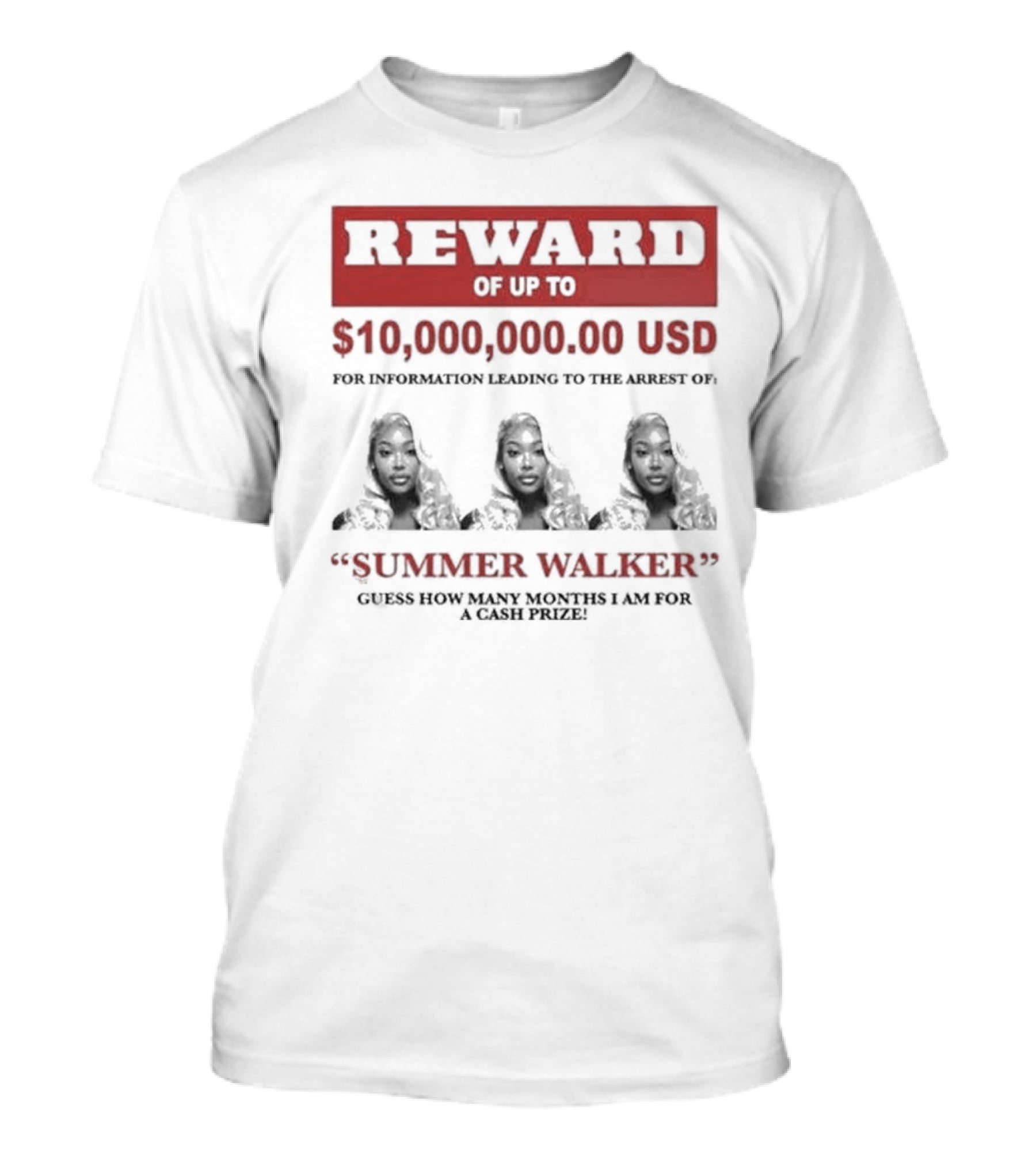 Reward Up To $10,000,000 USD For Information Arrest Of Summer Walker Guess How Many Months I Am For A Cash Prize T-Shirt