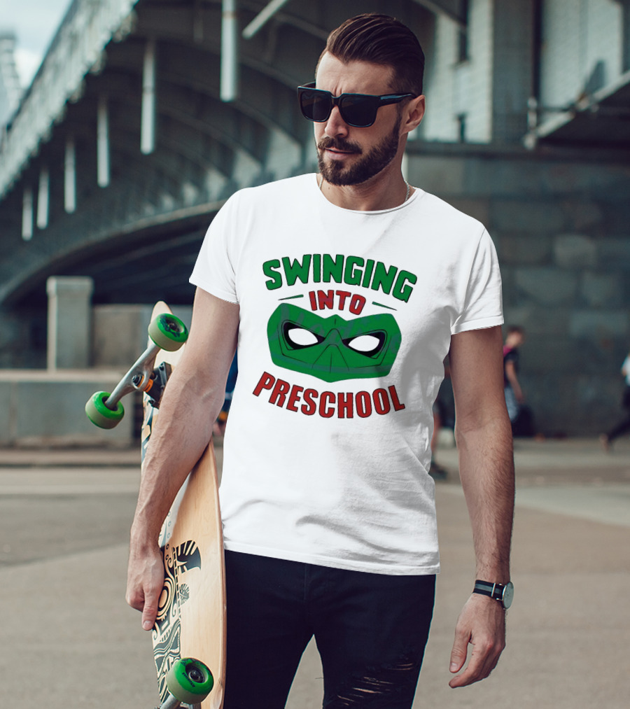 Swinging Into Preschool Green Superhero Mask T-Shirt